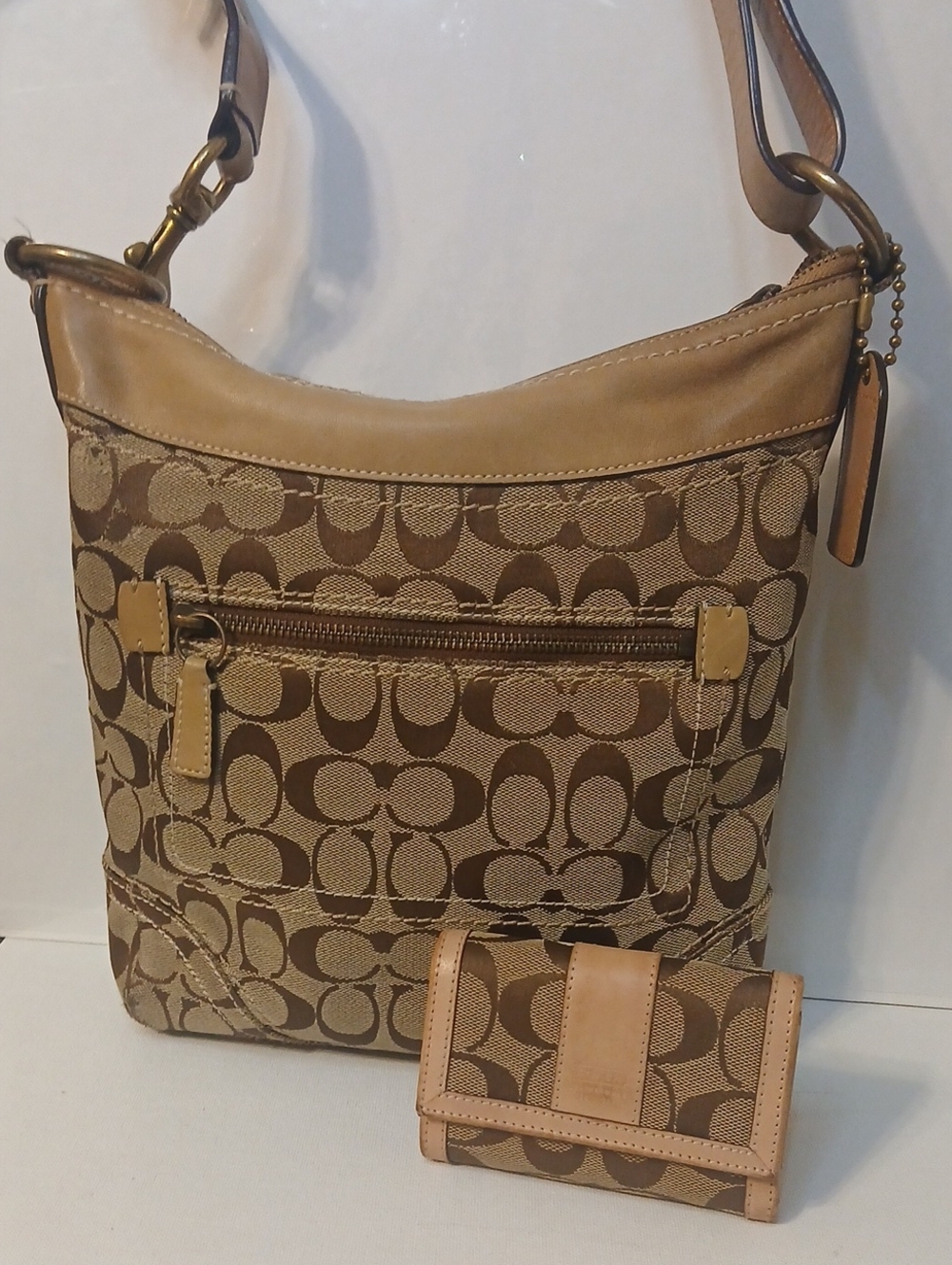 Coach Tan/Brown Signature Canvas Shoulder Bag with Matching Wallet